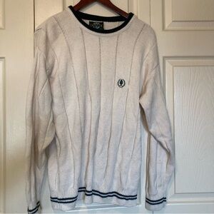 Jantzen White Sweater Cable Knit Sweater Green Trim Cream White Vintage Pullover